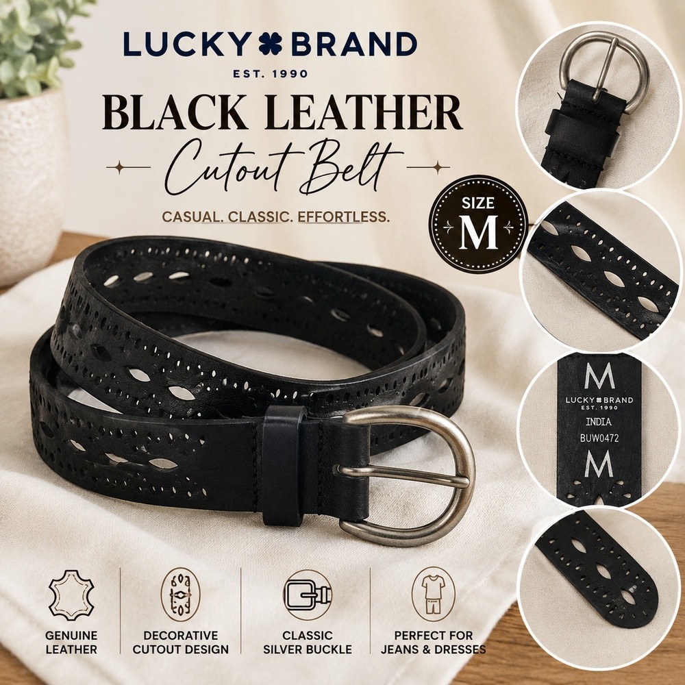 Lucky Brand Womens Black Leather Cutout Belt Silver Buckle BUW0472 Size M